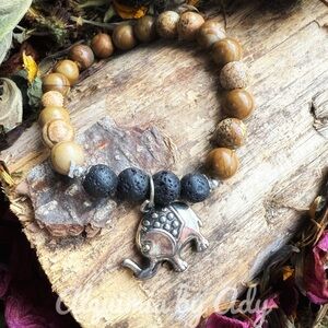 Big elephant charm picture jasper and lava rock boho bracelet